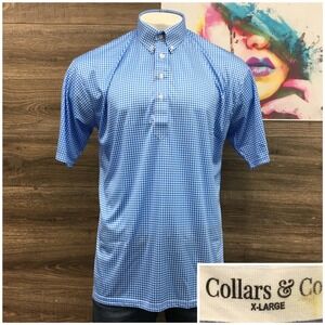 NEW! Collars & Co Mens XL Dress Collar Polo Shirt Blue White Gingham Performance